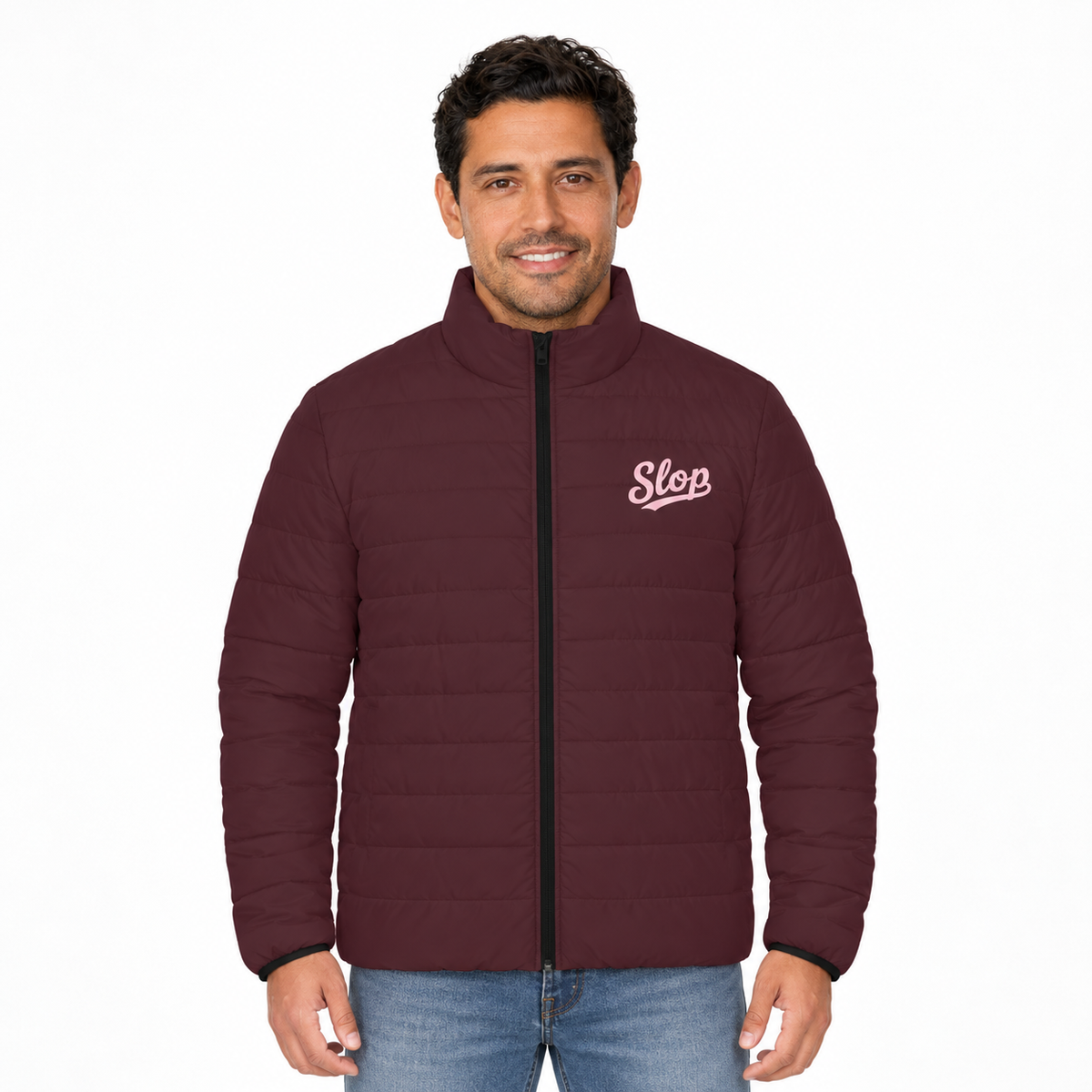 Slop Script Puffer Jacket — Burgundy / Blush, worn by a model