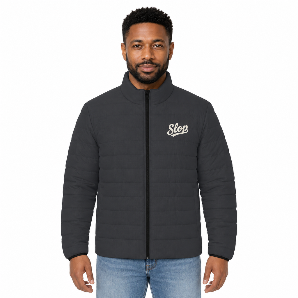 Slop Script Puffer Jacket — Charcoal Microcheck, worn by a model