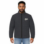Slop Script Puffer Jacket — Charcoal Microcheck, worn by a model