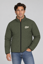 Slop Script Puffer Jacket — Olive Topo, worn by a model