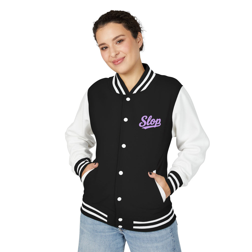 Woman wearing the Lilac Script Varsity Jacket in Jet Black/Arctic White