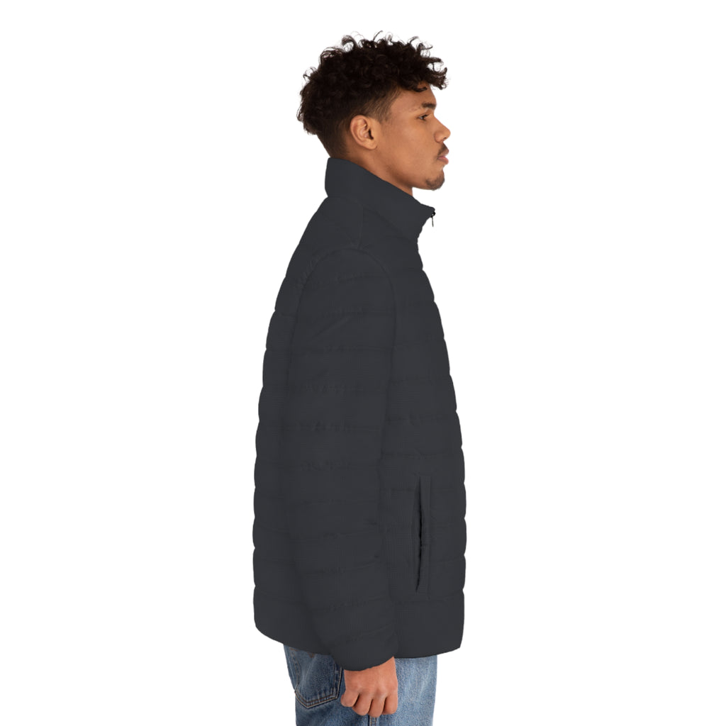 Slop Script Puffer Jacket in Charcoal Microcheck, side view