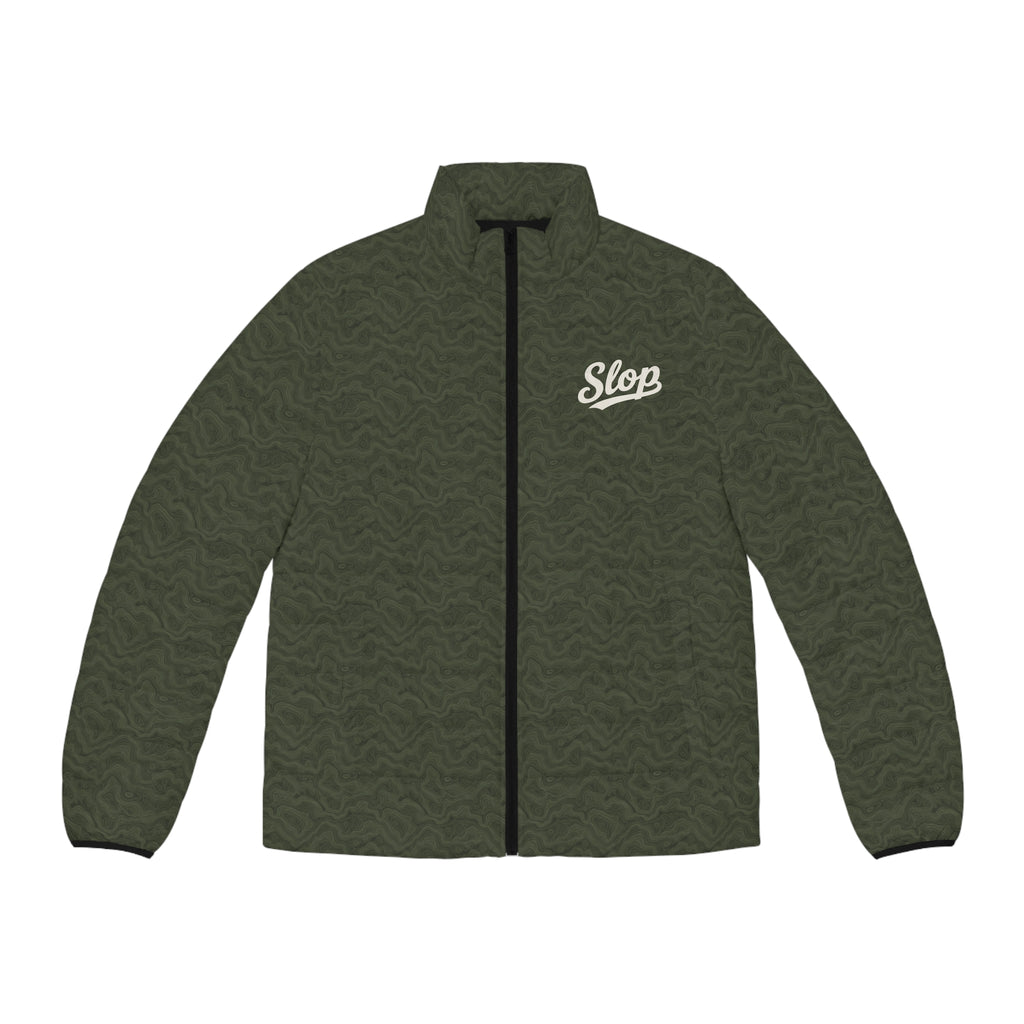 Slop Script Puffer Jacket in Olive Topo, front view with the ivory Slop script on the left chest