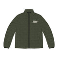 Slop Script Puffer Jacket in Olive Topo, front view with the ivory Slop script on the left chest
