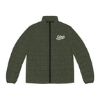 Slop Script Puffer Jacket in Olive Topo, front view with the ivory Slop script on the left chest