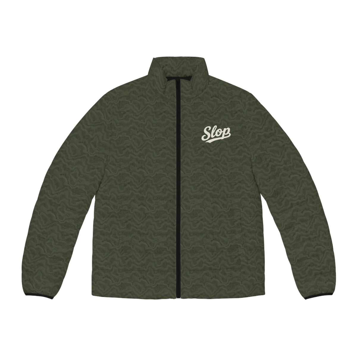 Slop Script Puffer Jacket in Olive Topo, front view with the ivory Slop script on the left chest