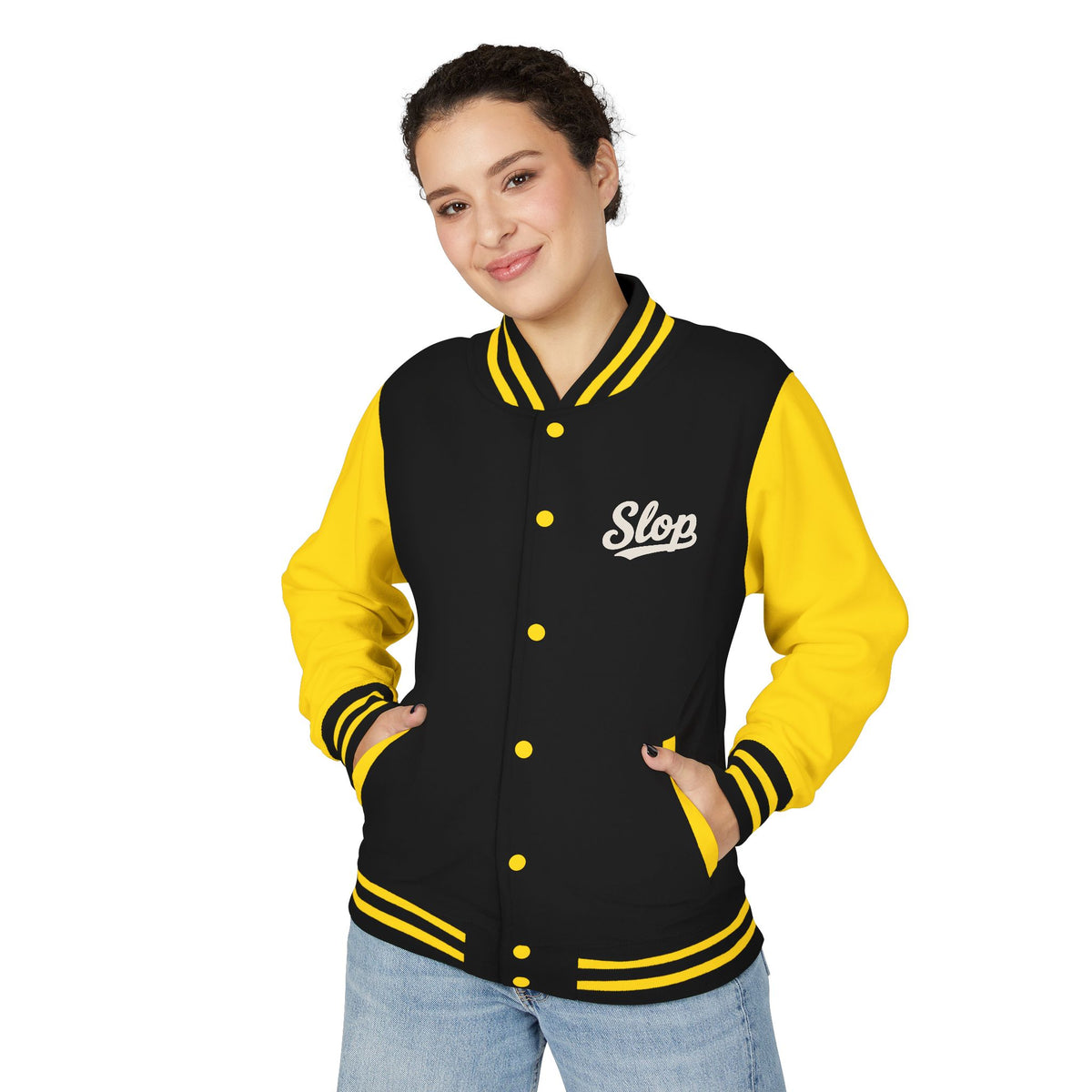 Woman wearing the Ivory Script Varsity Jacket in Jet Black/Sun Yellow