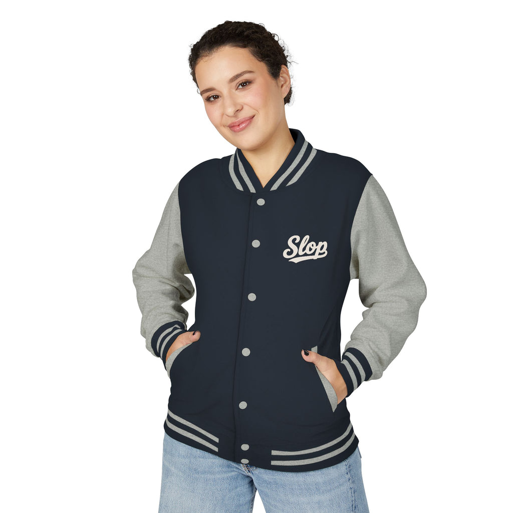 Woman wearing the Ivory Script Varsity Jacket in Oxford Navy/Heather Grey