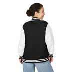 Slop Script Varsity Jacket - Jet Black/Arctic White - Woman model back