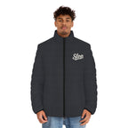 Model wearing the Slop Script Puffer Jacket in Charcoal Microcheck