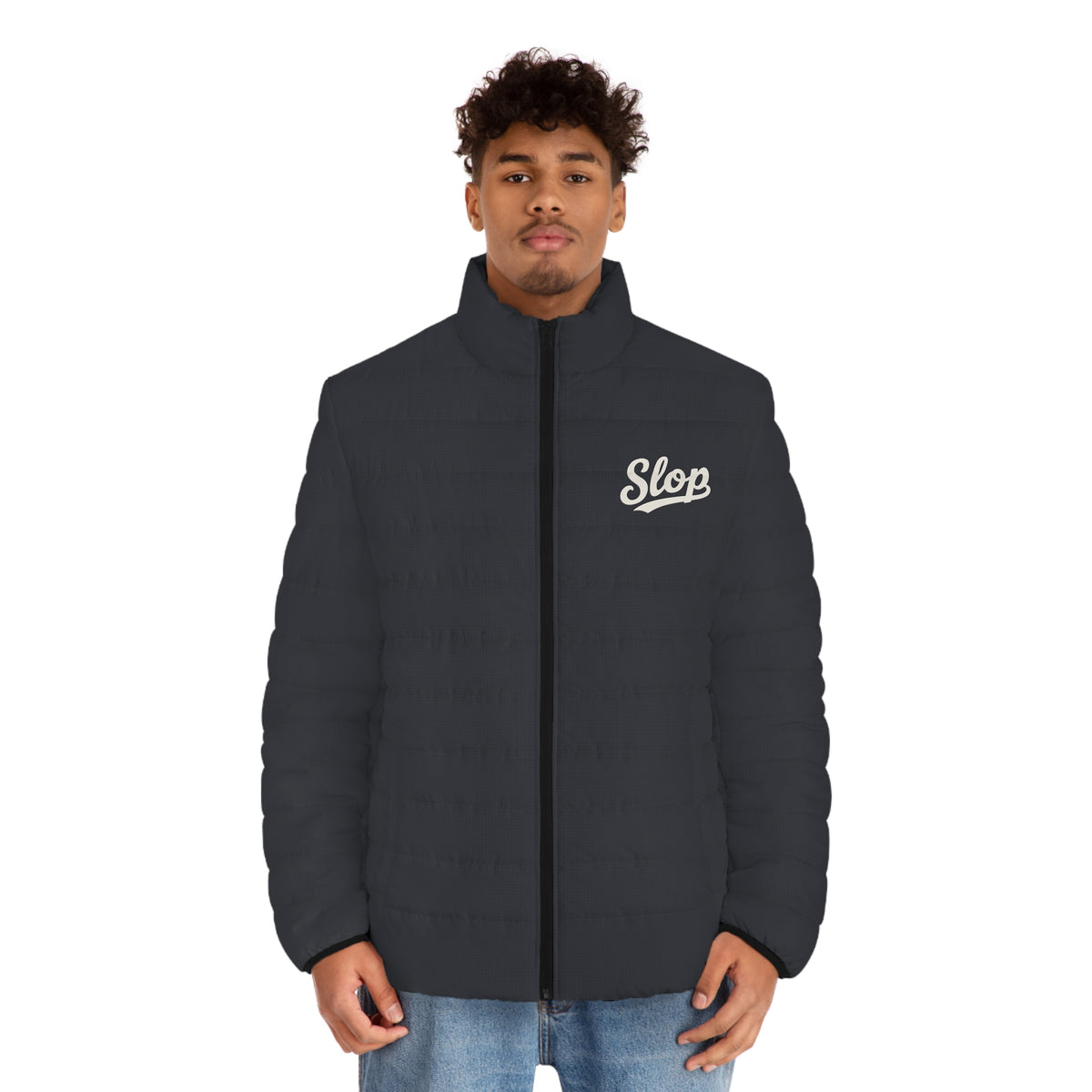 Model wearing the Slop Script Puffer Jacket in Charcoal Microcheck
