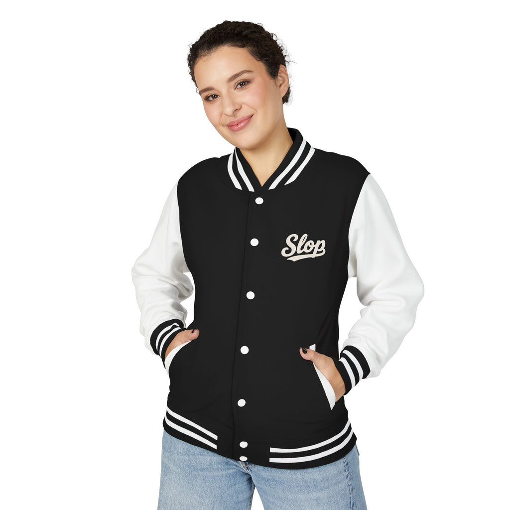 Woman wearing the Ivory Script Varsity Jacket in Jet Black/Arctic White