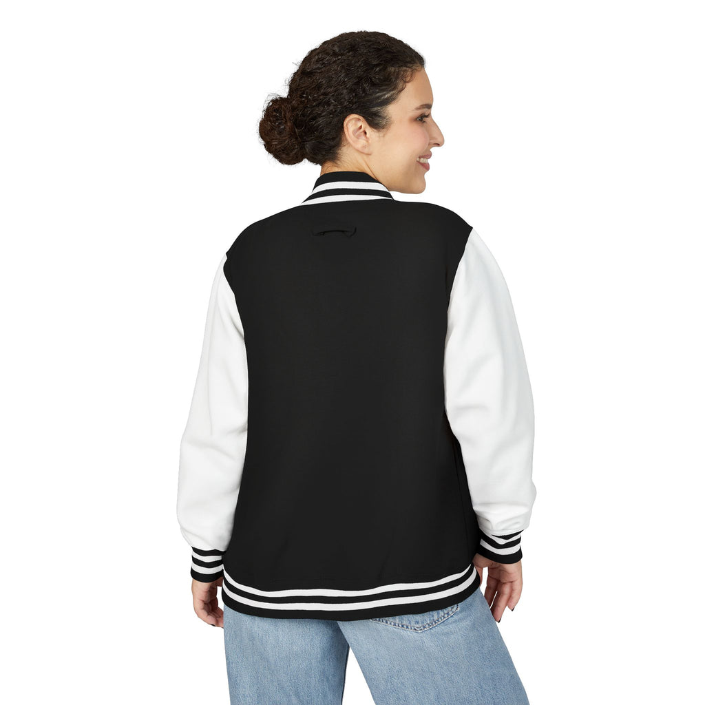 Woman wearing the Lilac Script Varsity Jacket in Jet Black/Arctic White, back view