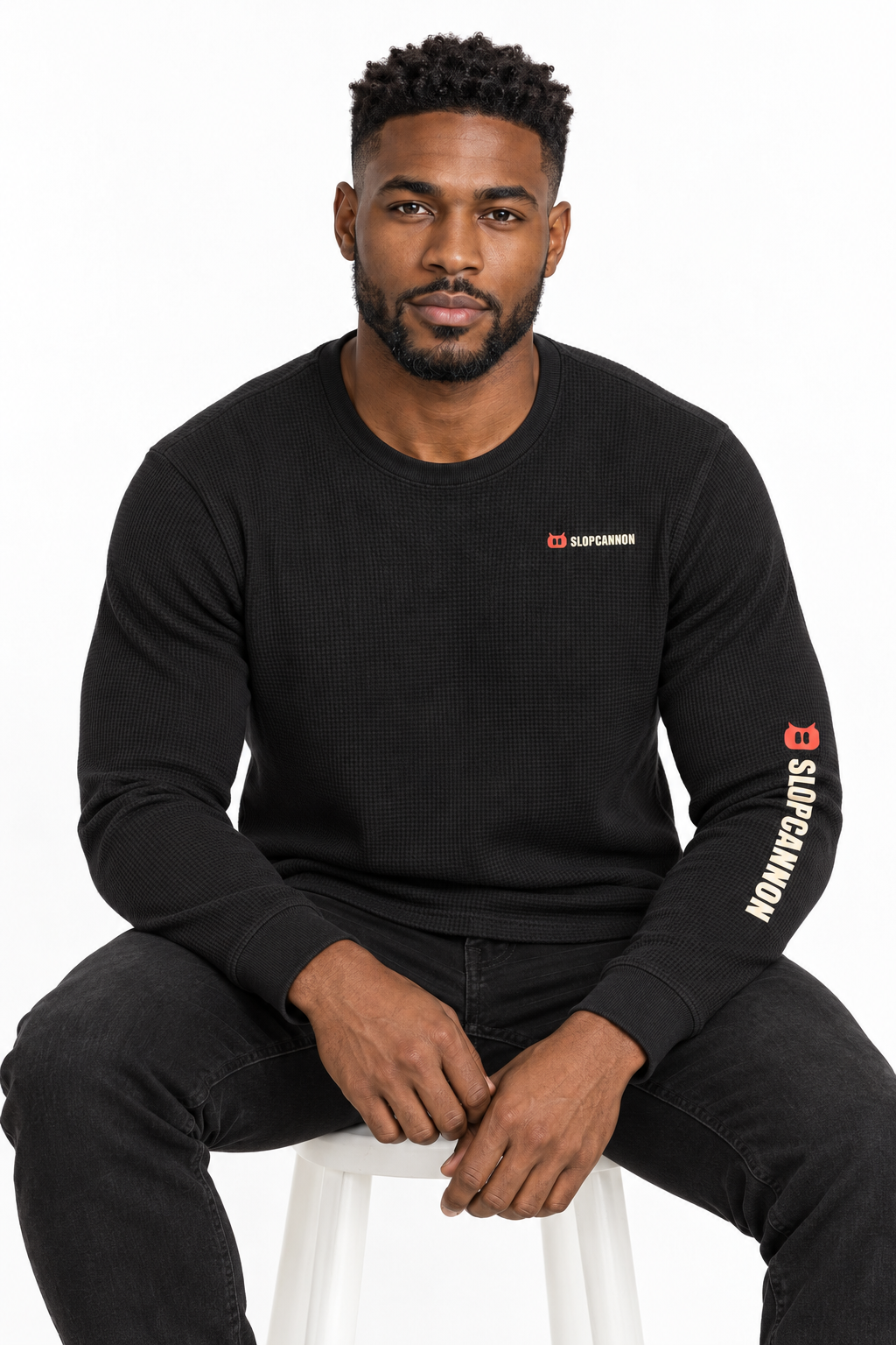 SLOPCANNON Waffle Thermal in Black, worn by a model