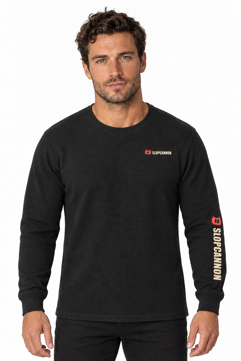 SLOPCANNON Waffle Thermal in Black, worn by a model