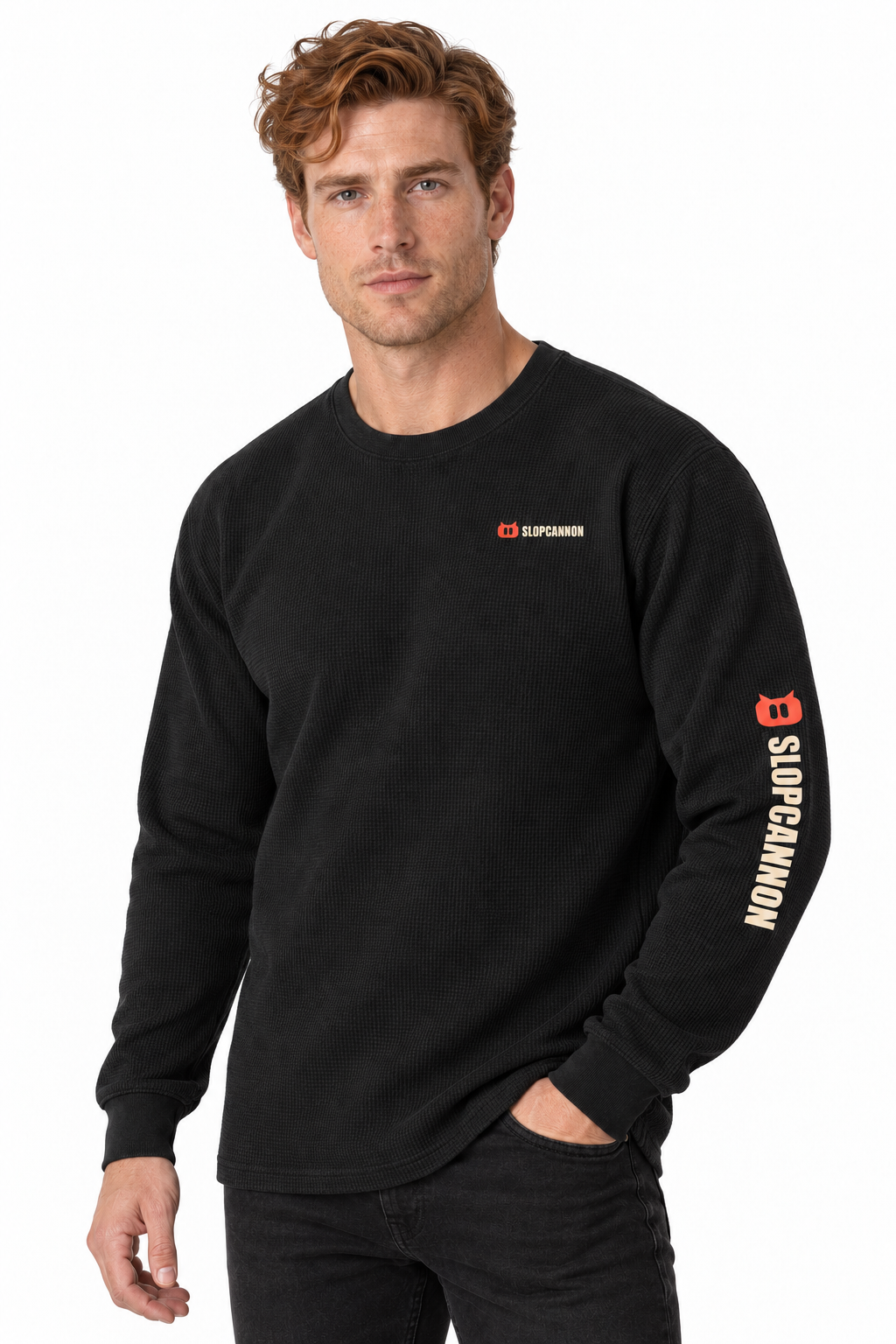 SLOPCANNON Waffle Thermal in Black, worn by a model
