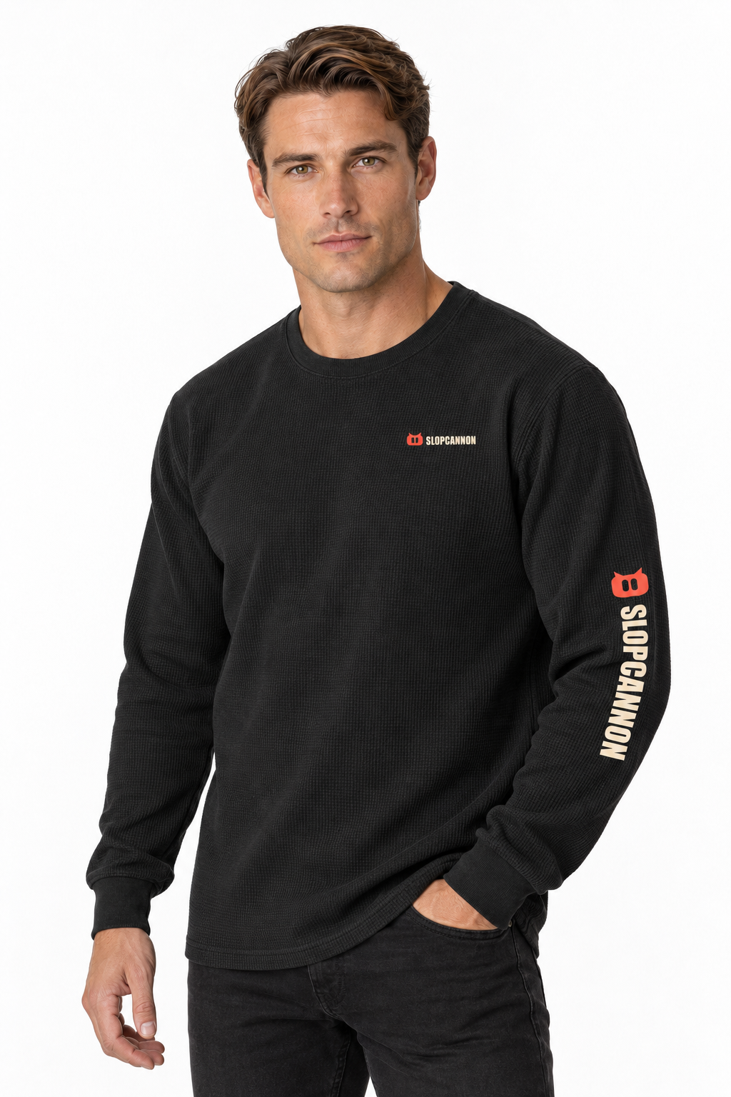 SLOPCANNON Waffle Thermal in Black, worn by a model