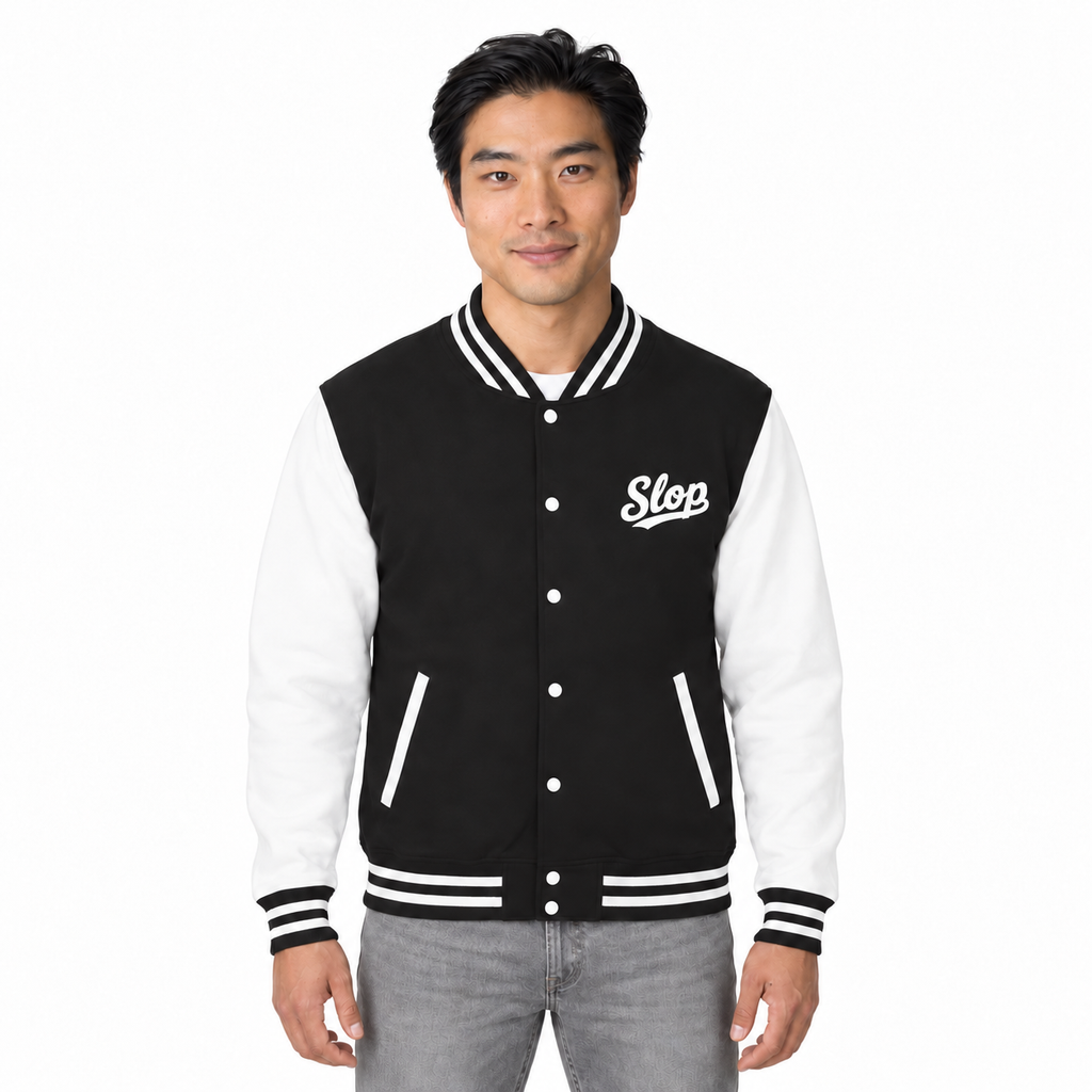 Slop Script Varsity Jacket — White Script, worn by a model