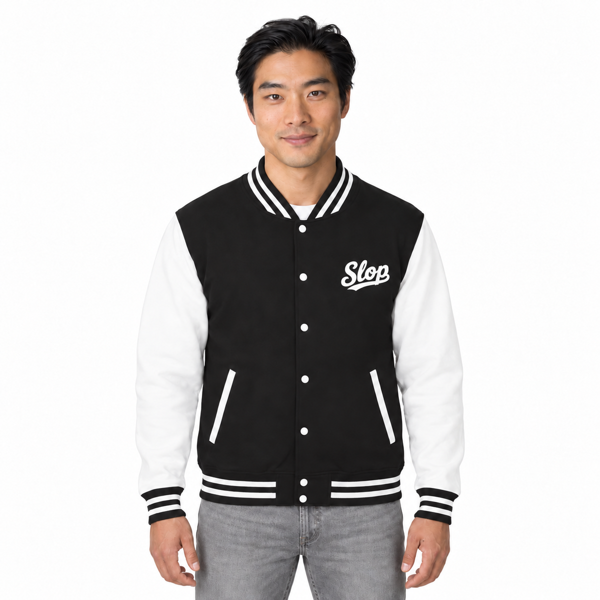 Slop Script Varsity Jacket — White Script, worn by a model