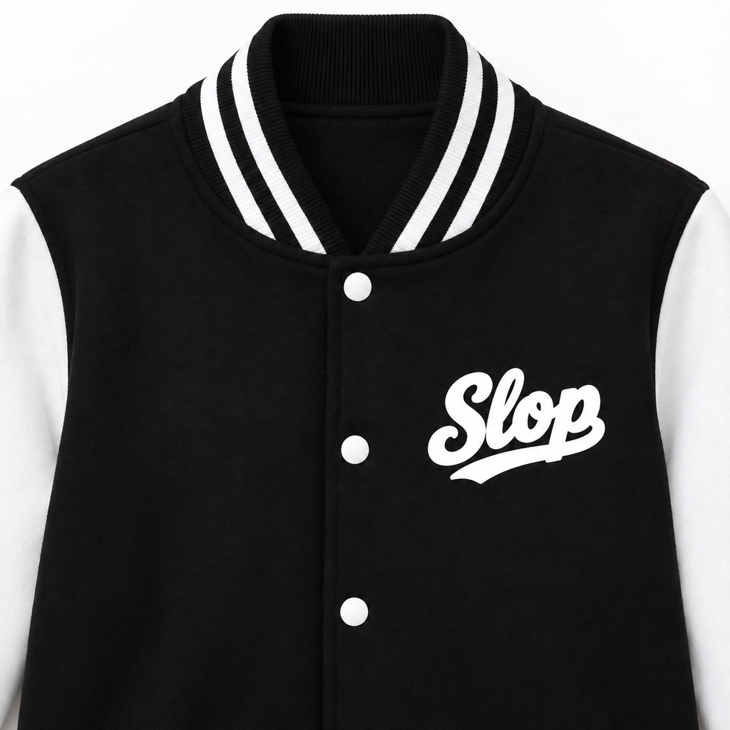 Slop Script Varsity Jacket — White Script, close-up of the print