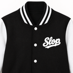 Slop Script Varsity Jacket — White Script, close-up of the print