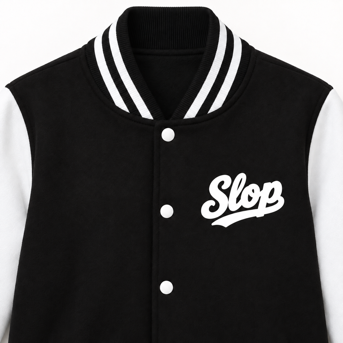 Slop Script Varsity Jacket — White Script, close-up of the print