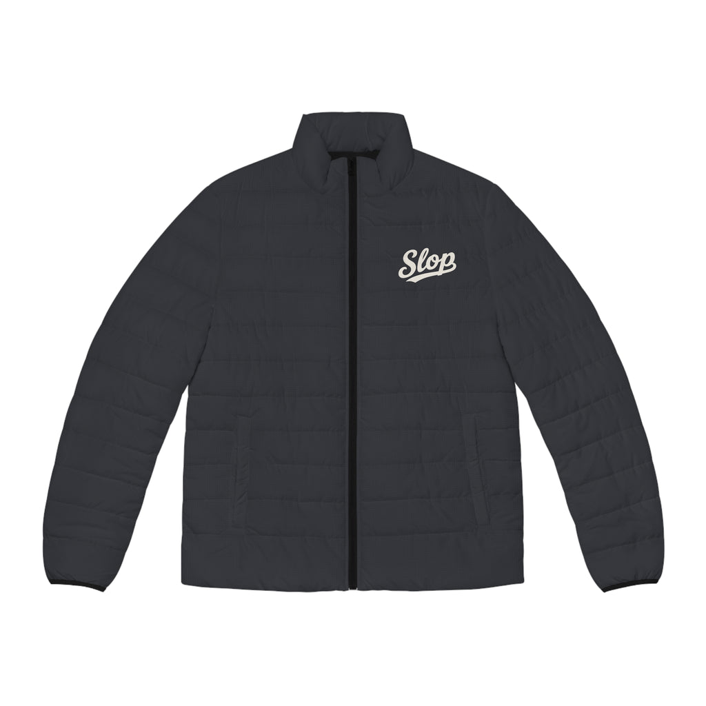 Slop Script Puffer Jacket in Charcoal Microcheck, front view with the ivory Slop script on the left chest