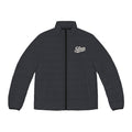 Slop Script Puffer Jacket in Charcoal Microcheck, front view with the ivory Slop script on the left chest