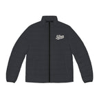 Slop Script Puffer Jacket in Charcoal Microcheck, front view with the ivory Slop script on the left chest