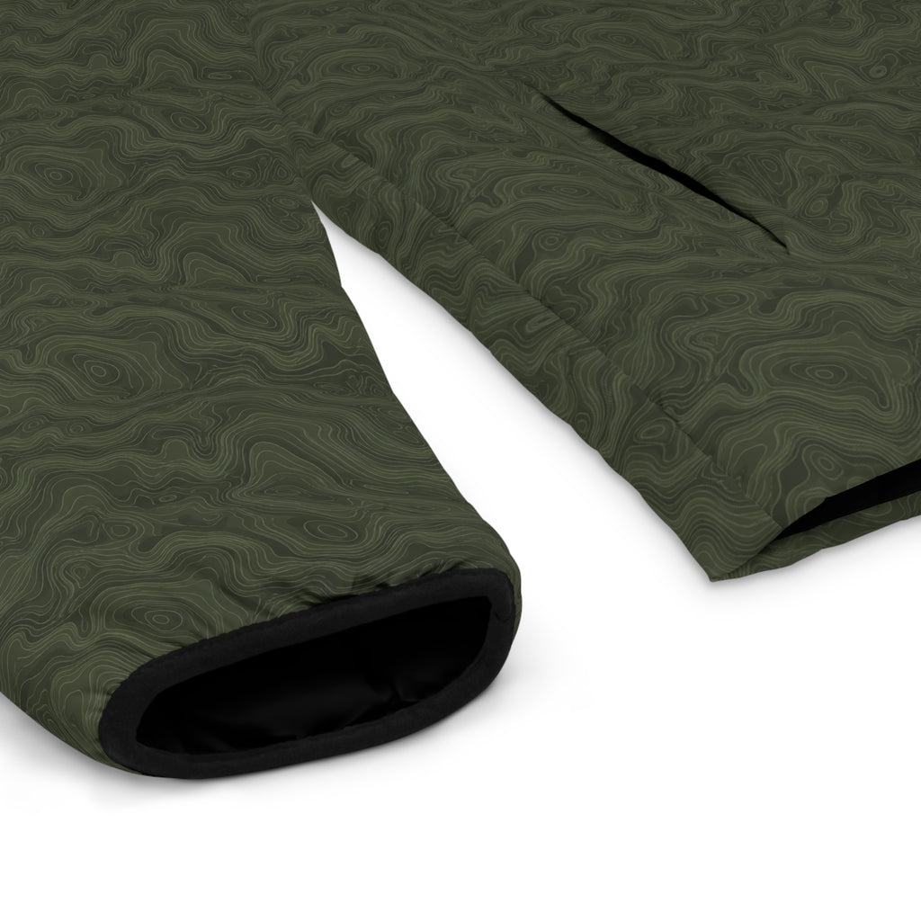 Slop Script Puffer Jacket in Olive Topo, cuff and hem detail