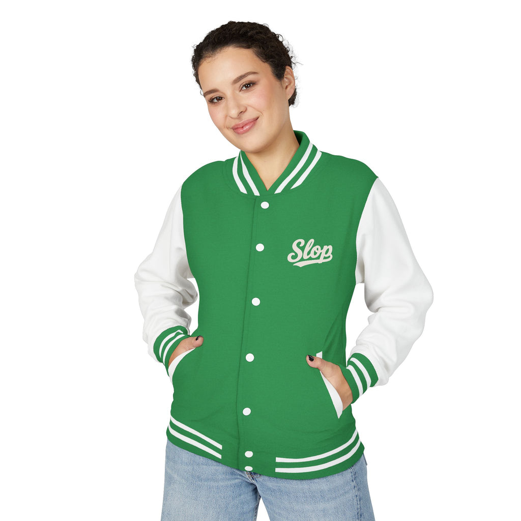 Woman wearing the Ivory Script Varsity Jacket in Kelly Green/Arctic White