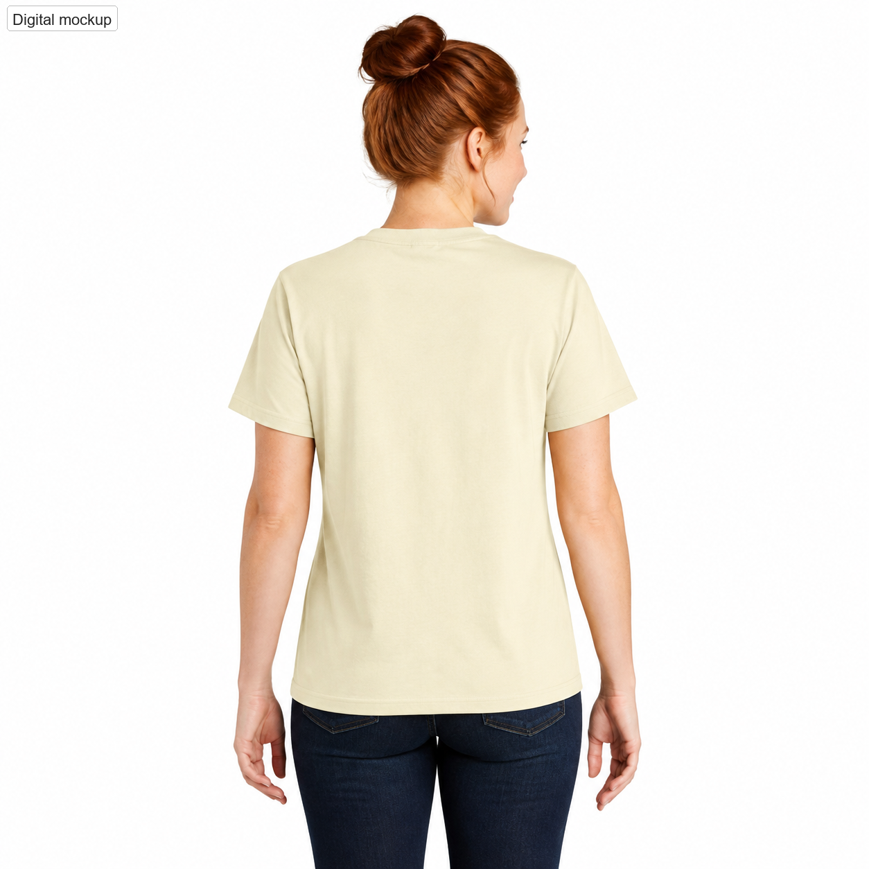 Women's tee — Buttermilk — adult model rear view; Bella + Canvas 6110GD, supplier Buttermilk; plain back and sleeves; digital mockup, not a manufactured sample; tee only, styling bottoms excluded.