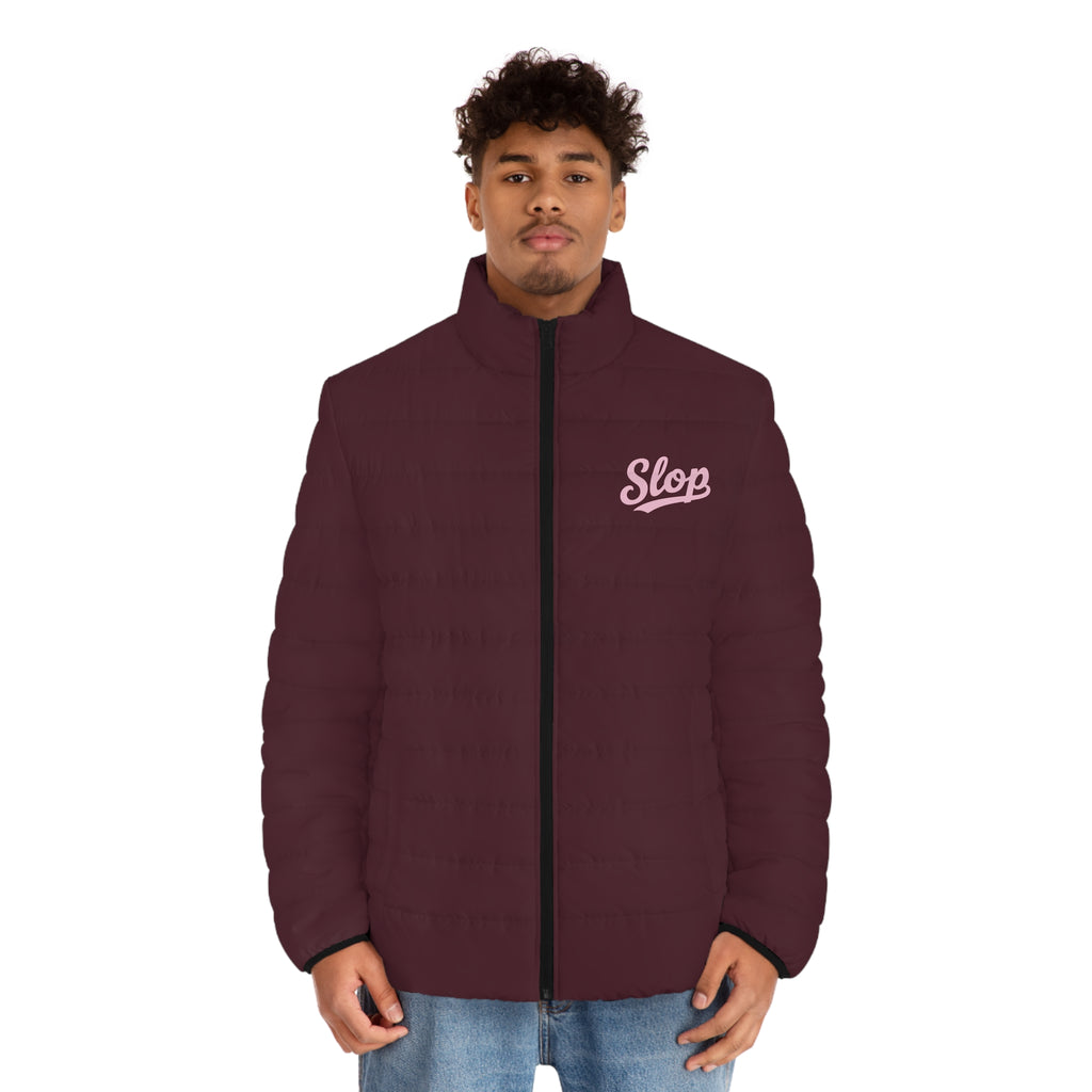 Model wearing the Slop Script Puffer Jacket in Burgundy / Blush