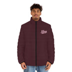 Model wearing the Slop Script Puffer Jacket in Burgundy / Blush
