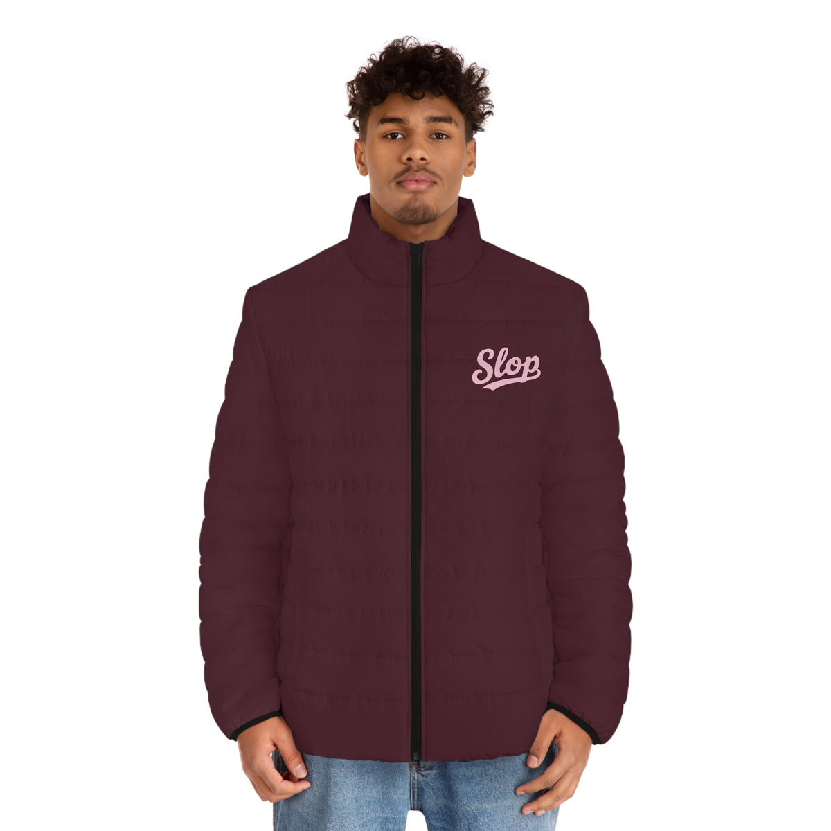 Model wearing the Slop Script Puffer Jacket in Burgundy / Blush