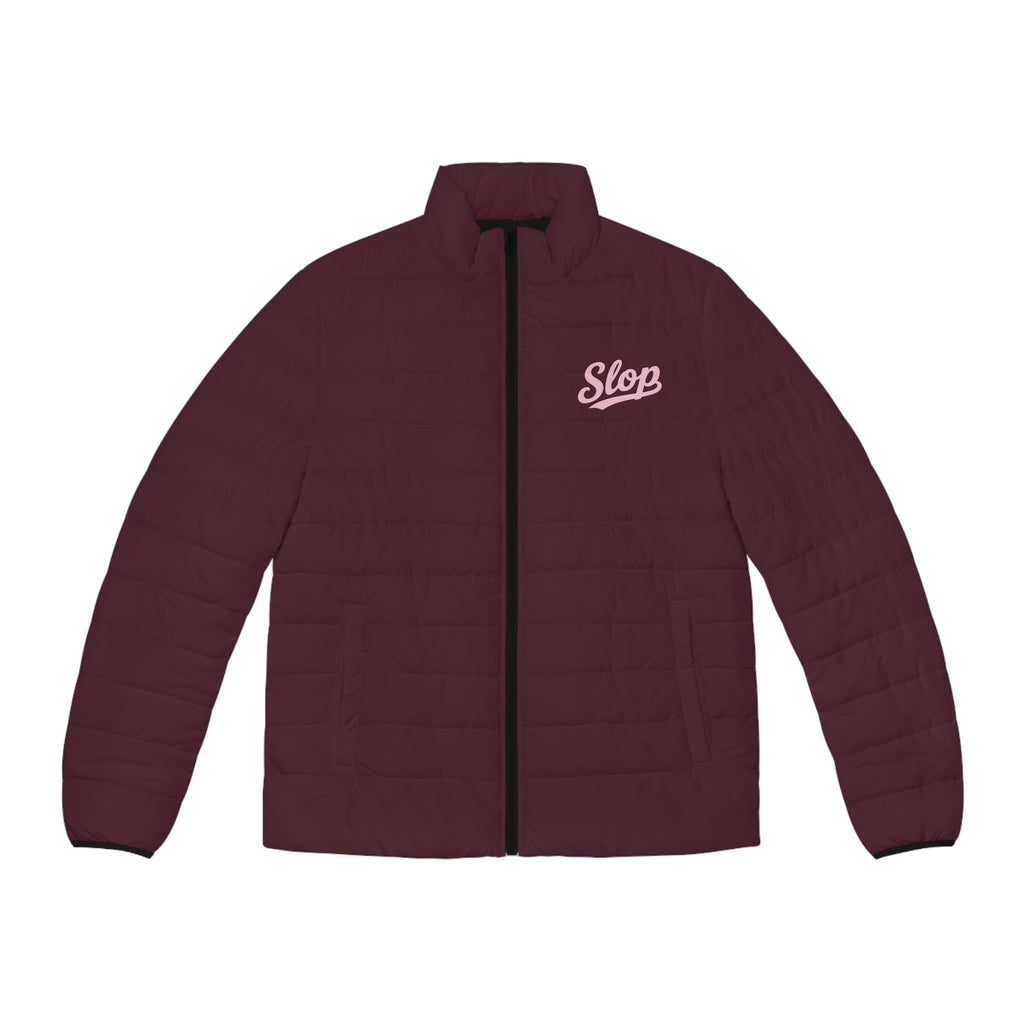 Slop Script Puffer Jacket in Burgundy / Blush, front view with the blush Slop script on the left chest