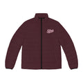Slop Script Puffer Jacket in Burgundy / Blush, front view with the blush Slop script on the left chest