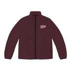 Slop Script Puffer Jacket in Burgundy / Blush, front view with the blush Slop script on the left chest