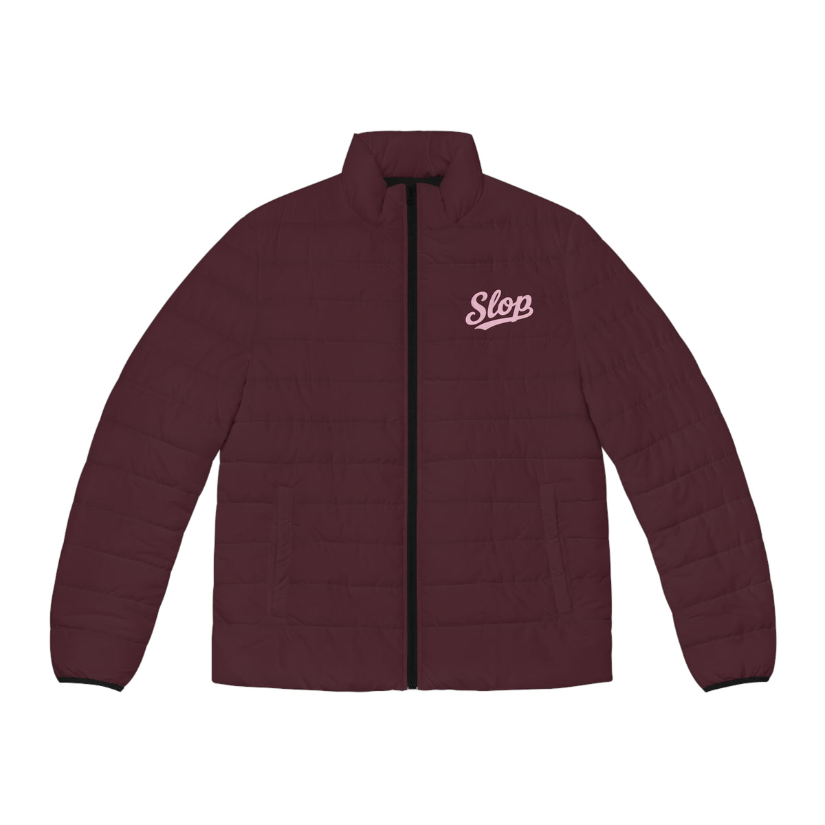 Slop Script Puffer Jacket in Burgundy / Blush, front view with the blush Slop script on the left chest