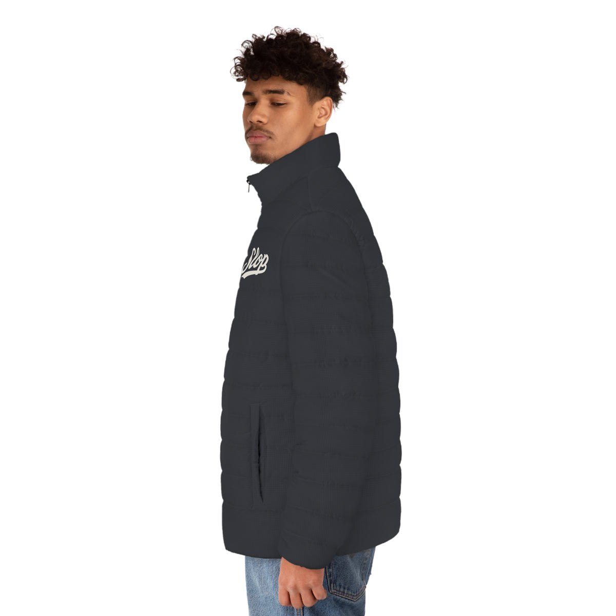 Slop Script Puffer Jacket in Charcoal Microcheck, side view