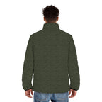 Model wearing the Slop Script Puffer Jacket in Olive Topo, back view