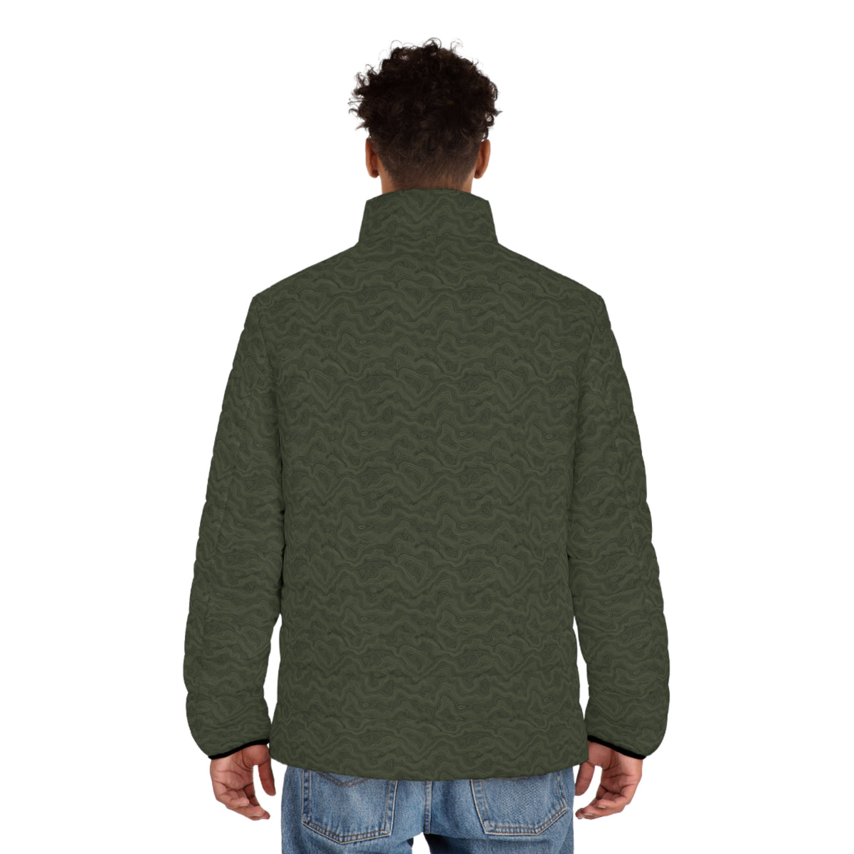Model wearing the Slop Script Puffer Jacket in Olive Topo, back view
