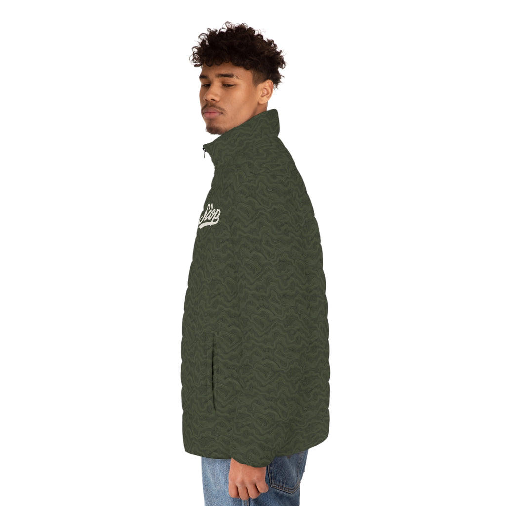 Slop Script Puffer Jacket in Olive Topo, side view