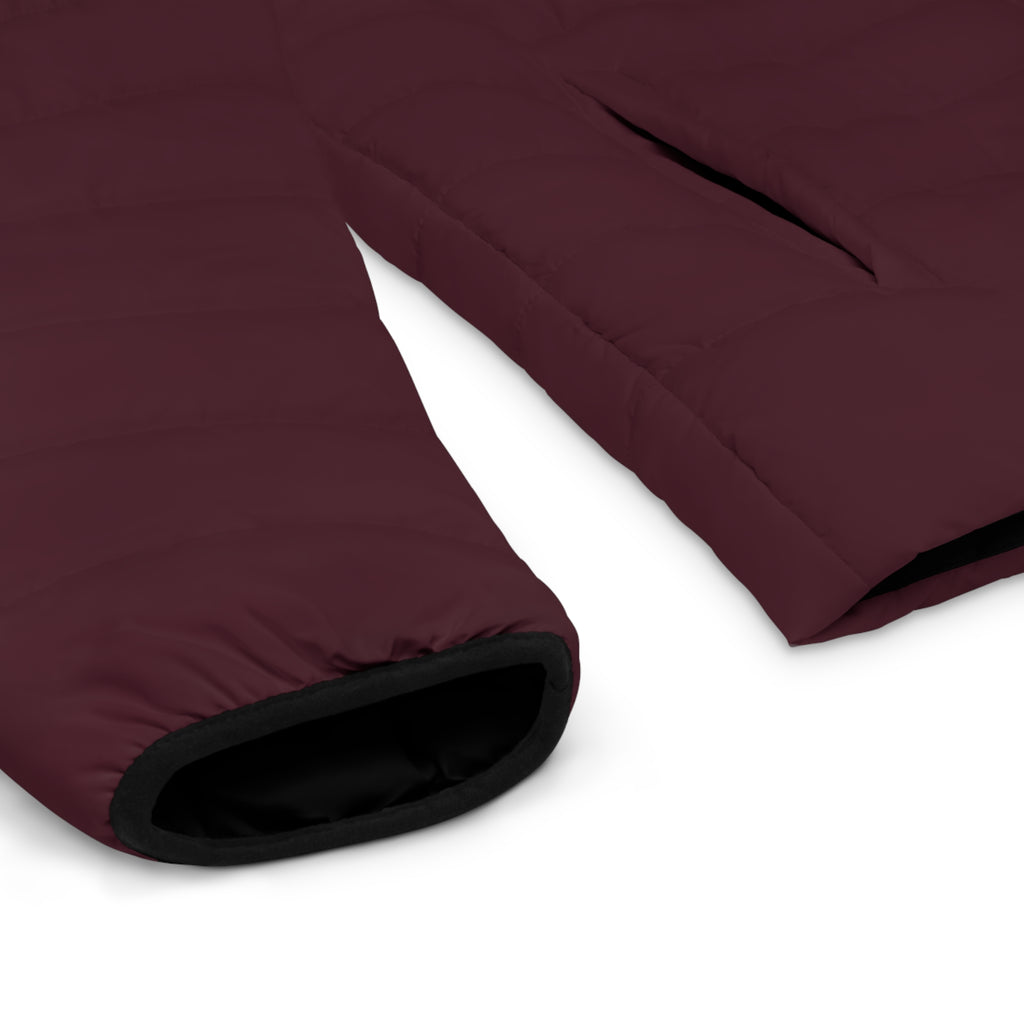 Slop Script Puffer Jacket in Burgundy / Blush, cuff and hem detail
