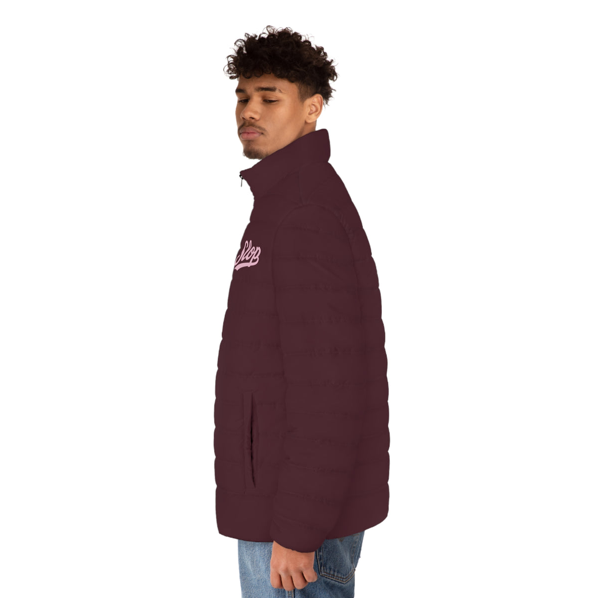 Slop Script Puffer Jacket in Burgundy / Blush, side view