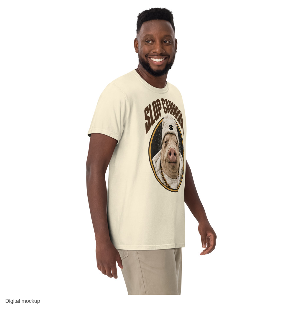Slop Cannon Tee - Pig Oval — Ivory — supplier Men's 3 Front model view; tee only; Comfort Colors 1717; exact current supplier digital mockup; outside-neckline wordmark on rear views; third-party styling excluded.