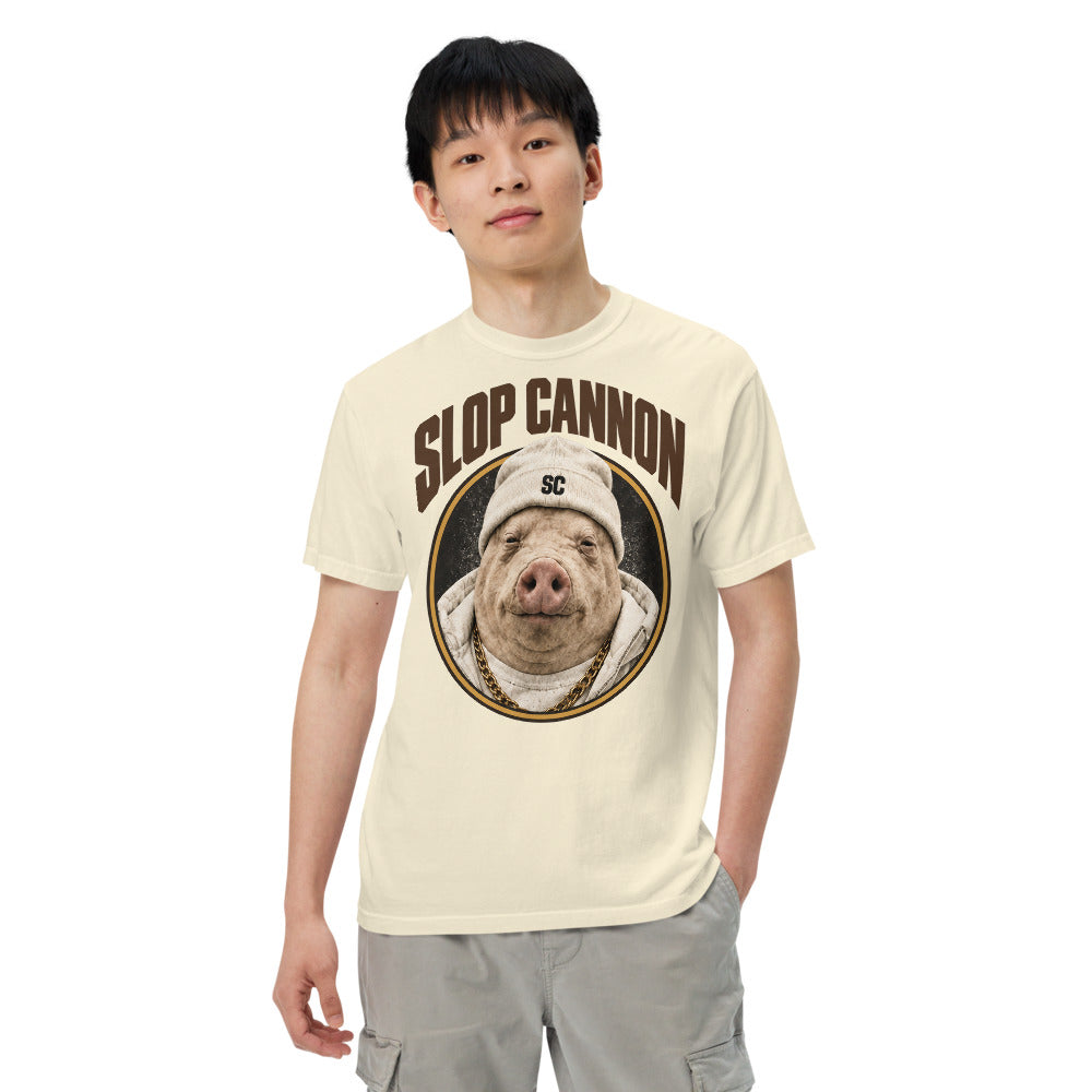 Slop Cannon Tee - Pig Oval — Ivory — Printful Men's Front 2 provider model view; exact configured product and artwork; digital mockup.