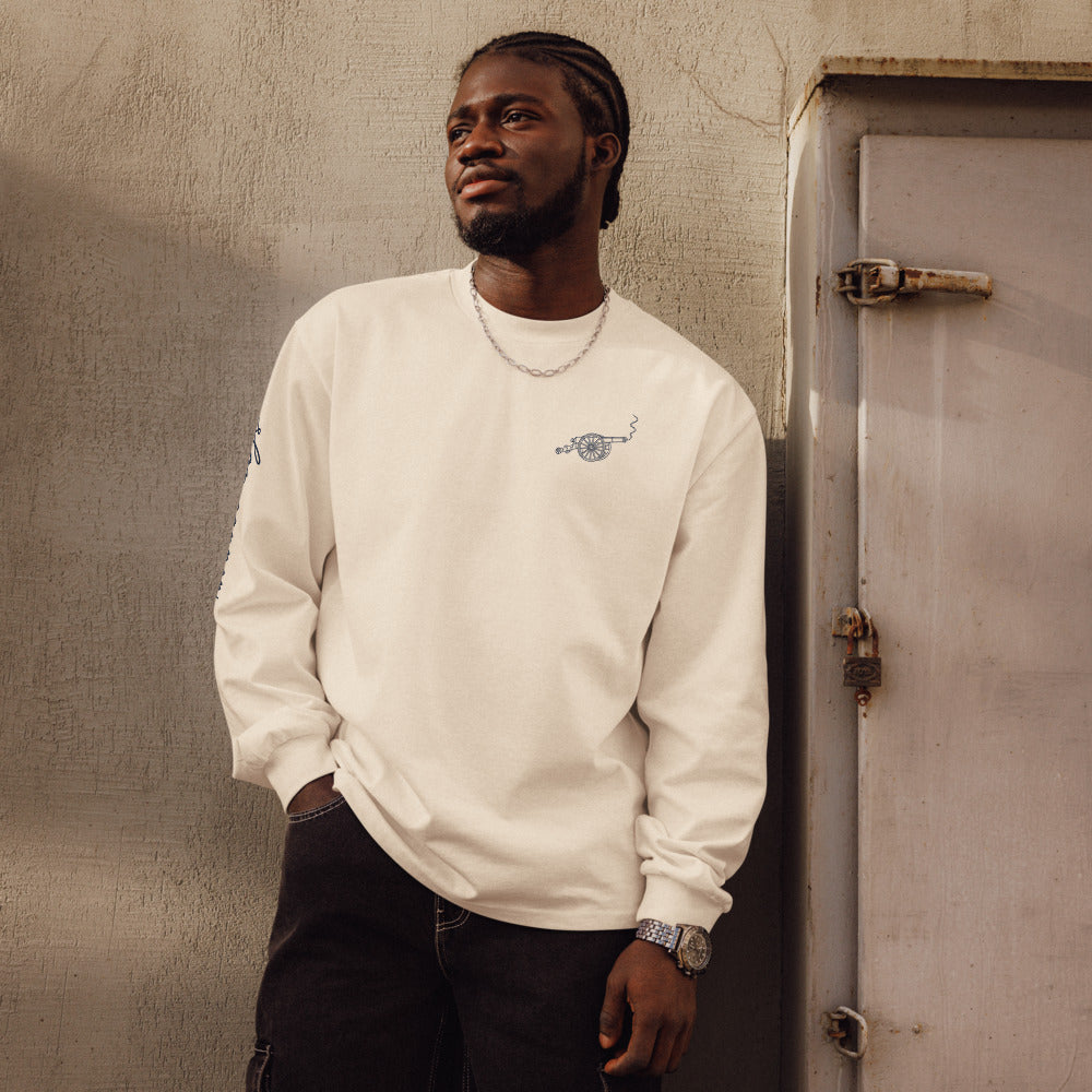 Slop Cannon Long Sleeve - Gallery Script — Ecru — Printful Men's Lifestyle Front provider model view; exact configured product and artwork; digital mockup.