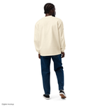 Slop Cannon Long Sleeve - Gallery Script — Ecru — supplier Men's Back model view; long-sleeve shirt only; AS Colour 5081; exact current supplier digital mockup; configured front and right-sleeve artwork; third-party styling excluded.