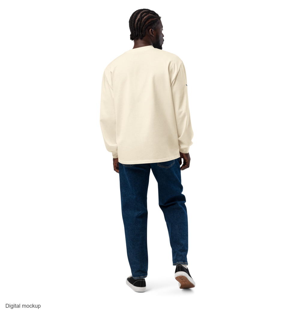 Slop Cannon Long Sleeve - Gallery Script — Ecru — supplier Men's Back model view; long-sleeve shirt only; AS Colour 5081; exact current supplier digital mockup; configured front and right-sleeve artwork; third-party styling excluded.